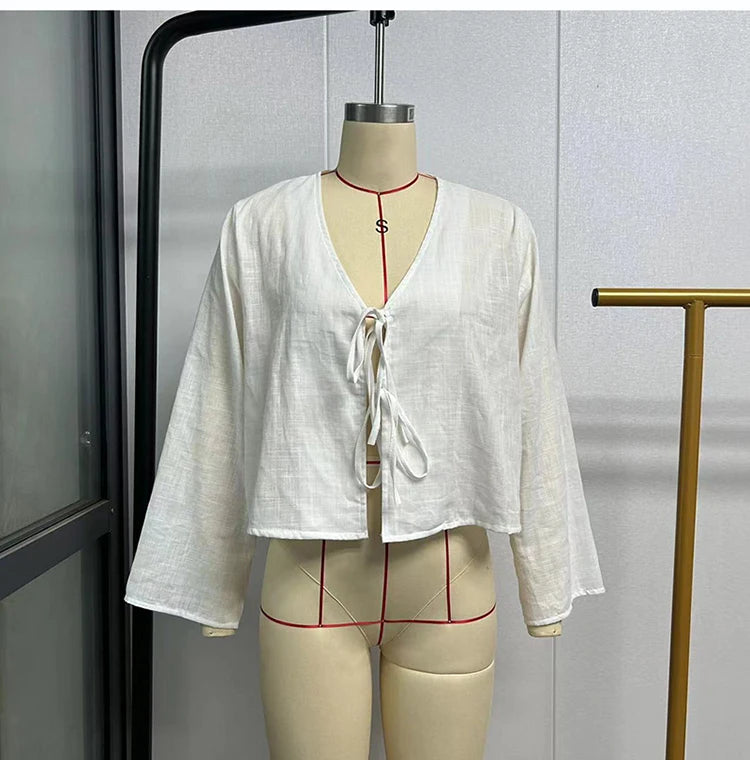 Nova 2024 Street Tops Green Linen Lace Up Long Sleeve Casual Loose V Neck Shirt
