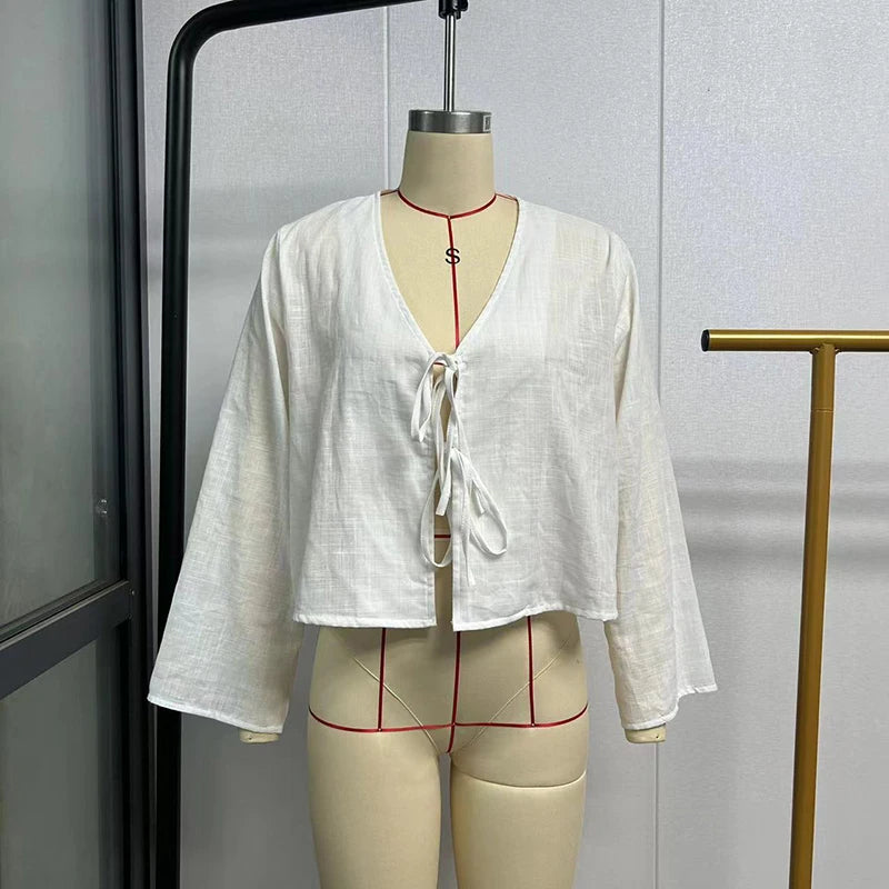 Nova 2024 Street Tops Green Linen Lace Up Long Sleeve Casual Loose V Neck Shirt
