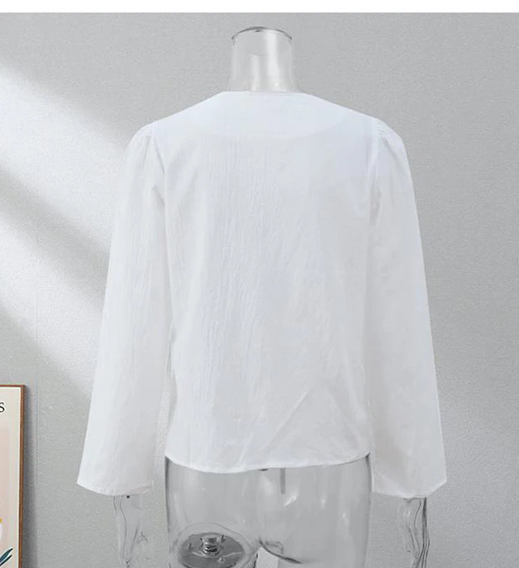 Nova 2024 Street Tops Green Linen Lace Up Long Sleeve Casual Loose V Neck Shirt