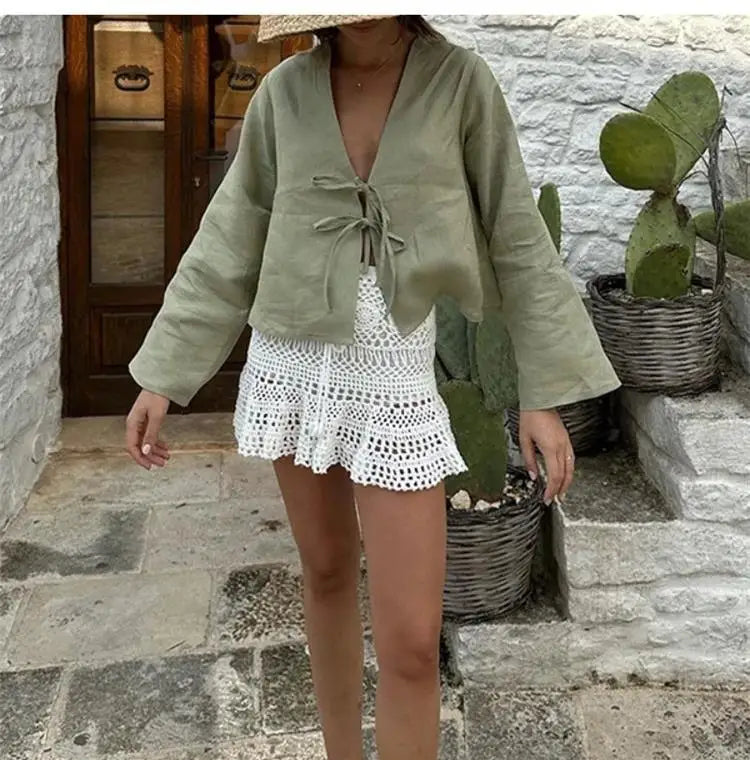 Nova 2024 Street Tops Green Linen Lace Up Long Sleeve Casual Loose V Neck Shirt