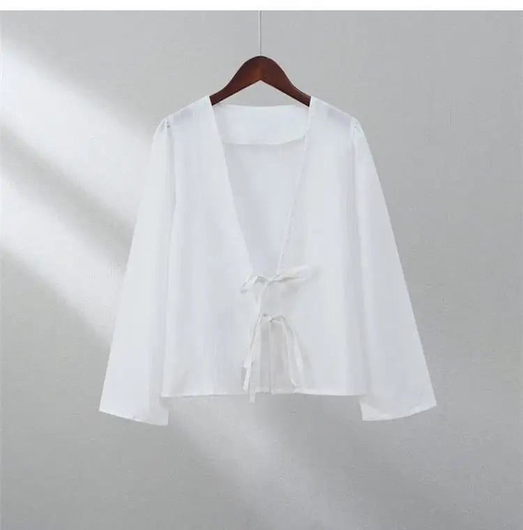 Nova 2024 Street Tops Green Linen Lace Up Long Sleeve Casual Loose V Neck Shirt