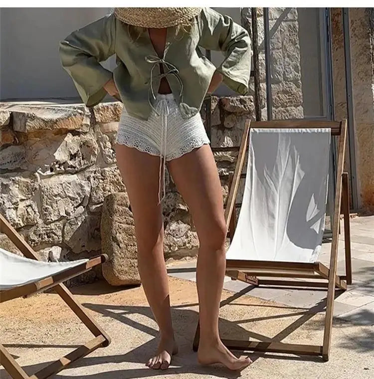 Nova 2024 Street Tops Green Linen Lace Up Long Sleeve Casual Loose V Neck Shirt