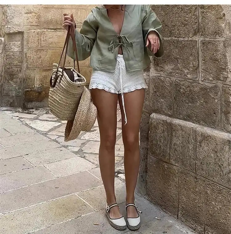 Nova 2024 Street Tops Green Linen Lace Up Long Sleeve Casual Loose V Neck Shirt