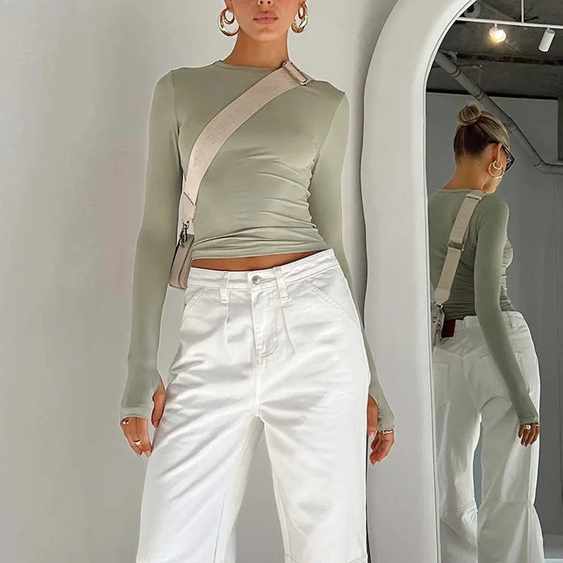 Nova T-shirt Long Sleeve Crew Neck Solid Slim Fit Ladies Crop Top