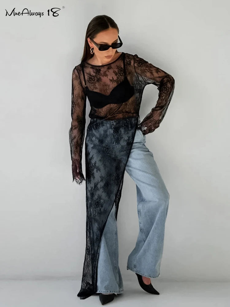 Nova Sexy Long Blouses O-Neck Long Sleeve Lace Pullover Tops
