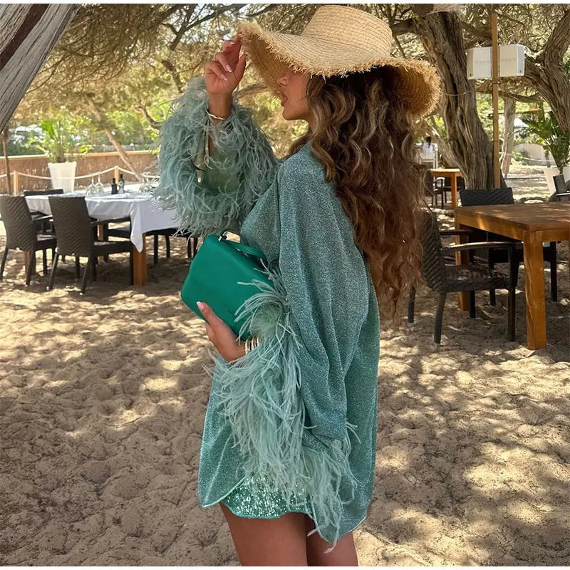 Nova Shinny Cuff Feather Patchwork Shirt Fashion Single-breasted Long Sleeves Tops 2024 Summer New Holiday Beach Party Tops