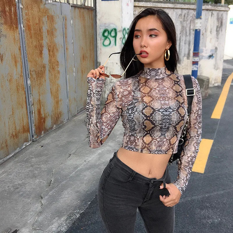 Snake Print T Shirt Long Sleeve Transparent High Neck Tops