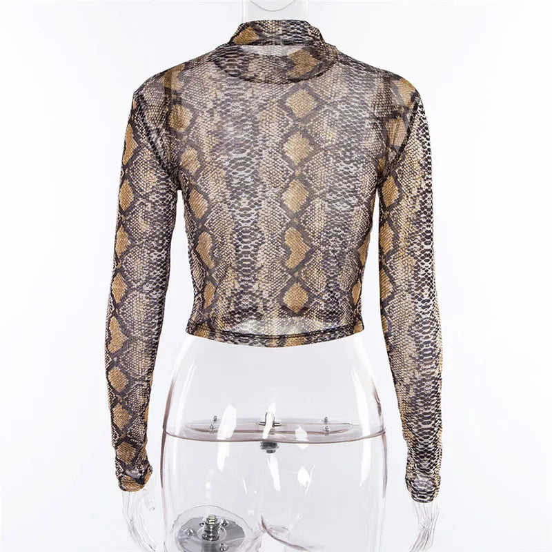 Snake Print T Shirt Long Sleeve Transparent High Neck Tops