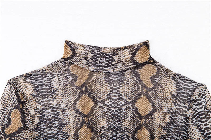 Snake Print T Shirt Long Sleeve Transparent High Neck Tops