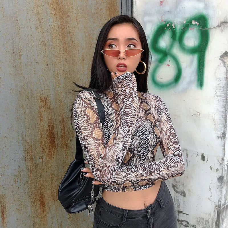 Snake Print T Shirt Long Sleeve Transparent High Neck Tops