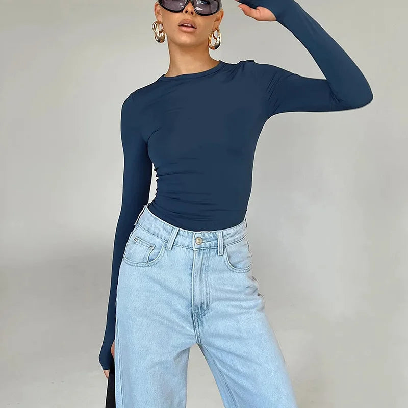 Nova T-shirt Long Sleeve Crew Neck Solid Slim Fit Ladies Crop Top