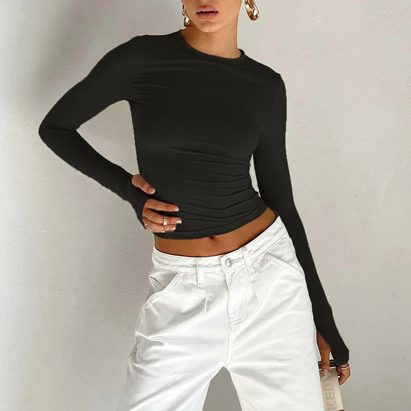 Nova T-shirt Long Sleeve Crew Neck Solid Slim Fit Ladies Crop Top