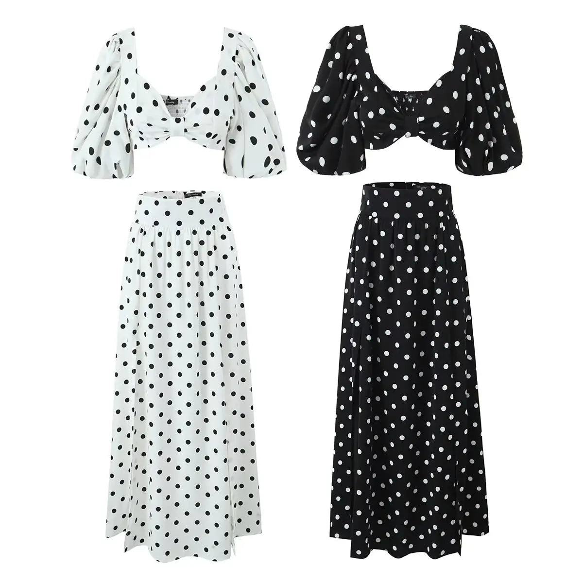 Nova Spring Polka Dots Printed Cropped Short Sleeves Square Neck Top Slit High Waist Chic Skirt