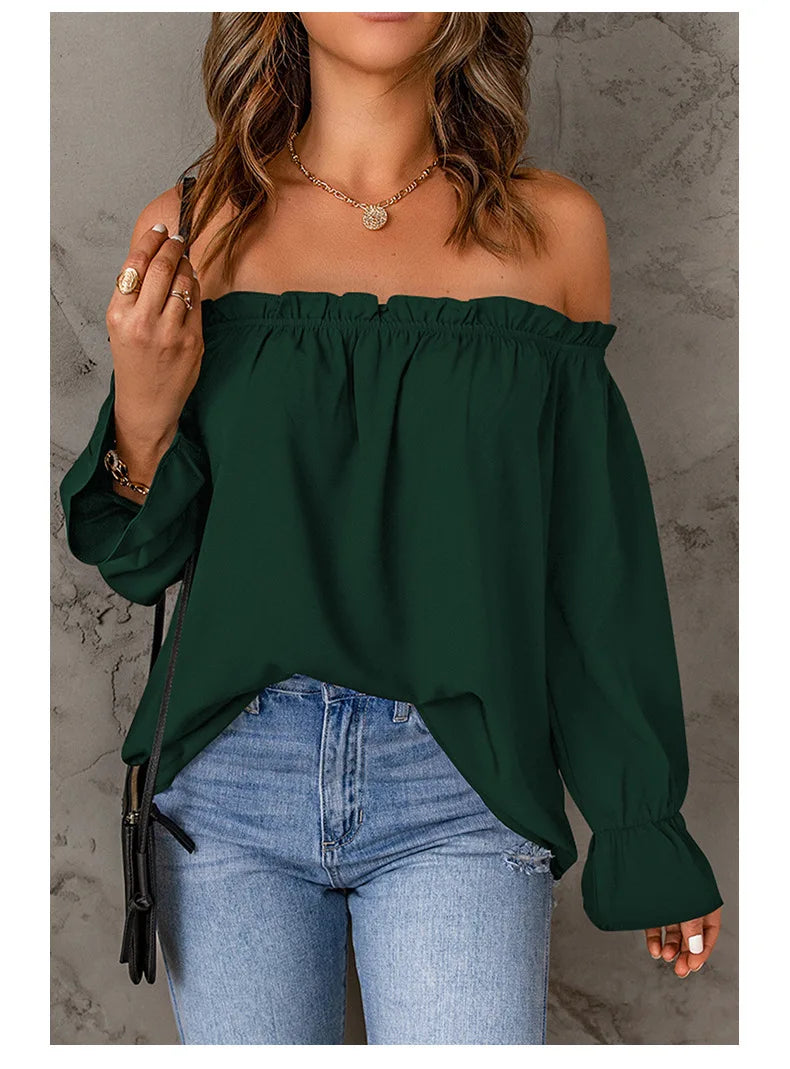 Nova Solid Color Long Sleeved Shirt Casual Loose Off-shoulder Women Top