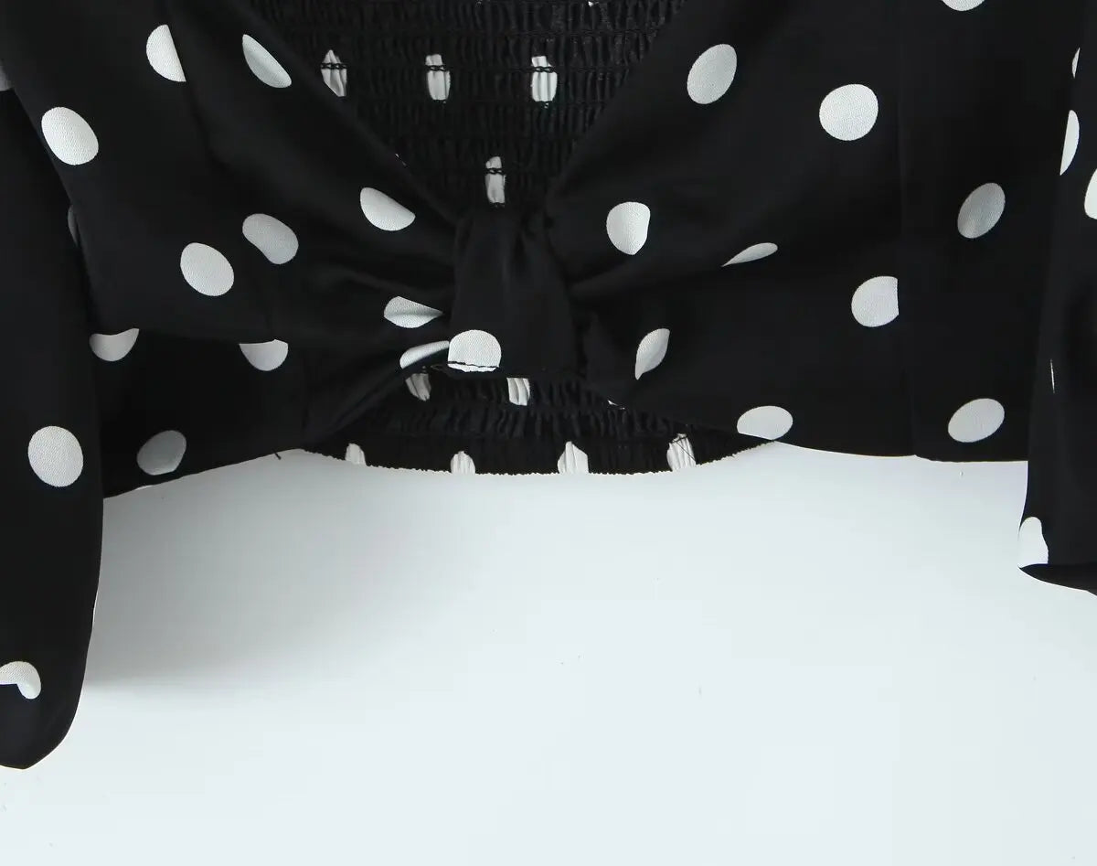 Nova Spring Polka Dots Printed Cropped Short Sleeves Square Neck Top Slit High Waist Chic Skirt