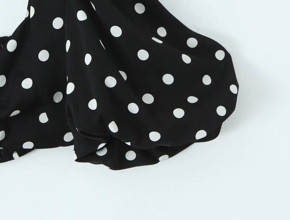 Nova Spring Polka Dots Printed Cropped Short Sleeves Square Neck Top Slit High Waist Chic Skirt