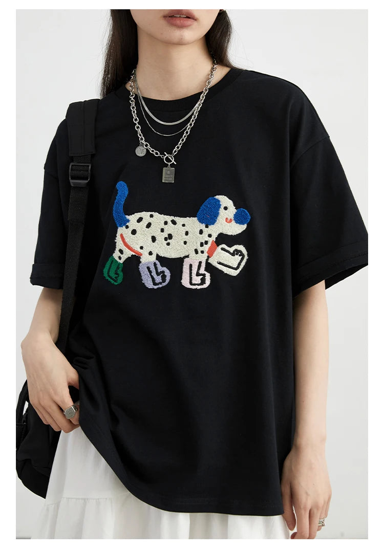 Nova T-Shirts Loose Streetwear Unisex Fun Dog Embroidered Short Sleeve