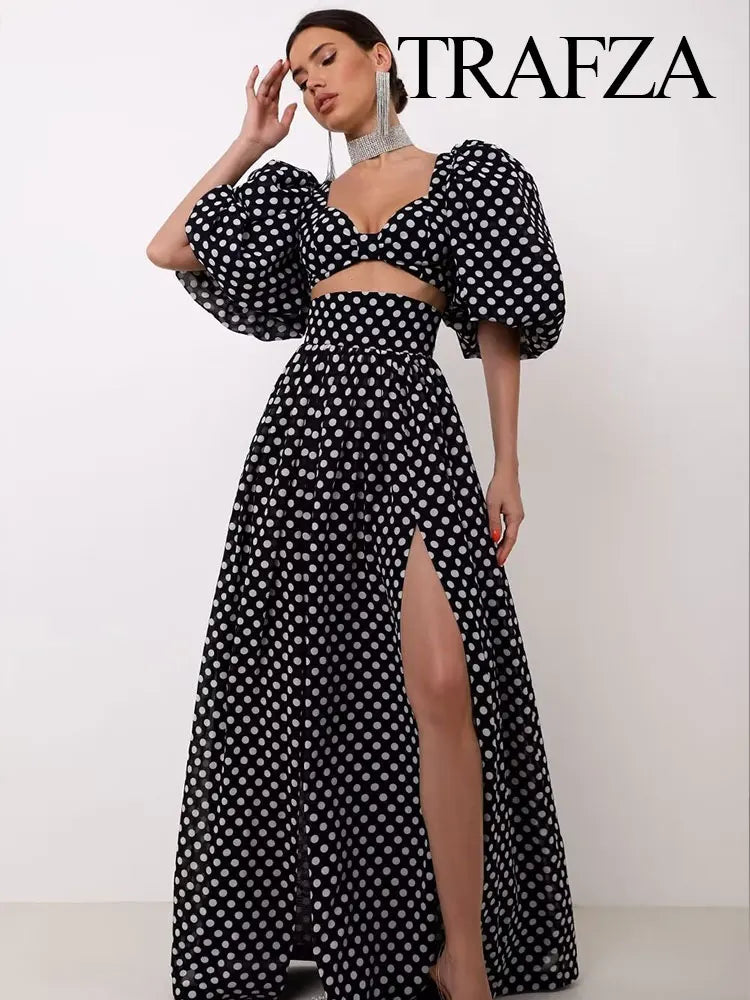 Nova Spring Polka Dots Printed Cropped Short Sleeves Square Neck Top Slit High Waist Chic Skirt