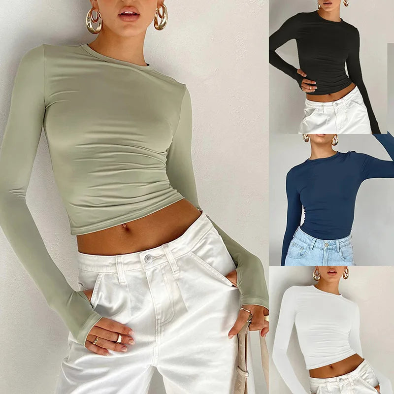 Nova T-shirt Long Sleeve Crew Neck Solid Slim Fit Ladies Crop Top