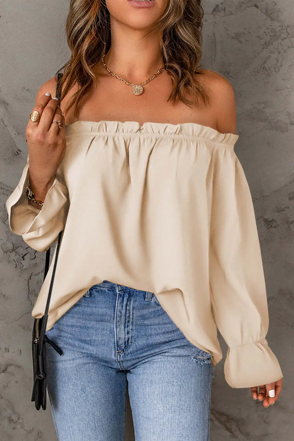 Nova Solid Color Long Sleeved Shirt Casual Loose Off-shoulder Women Top