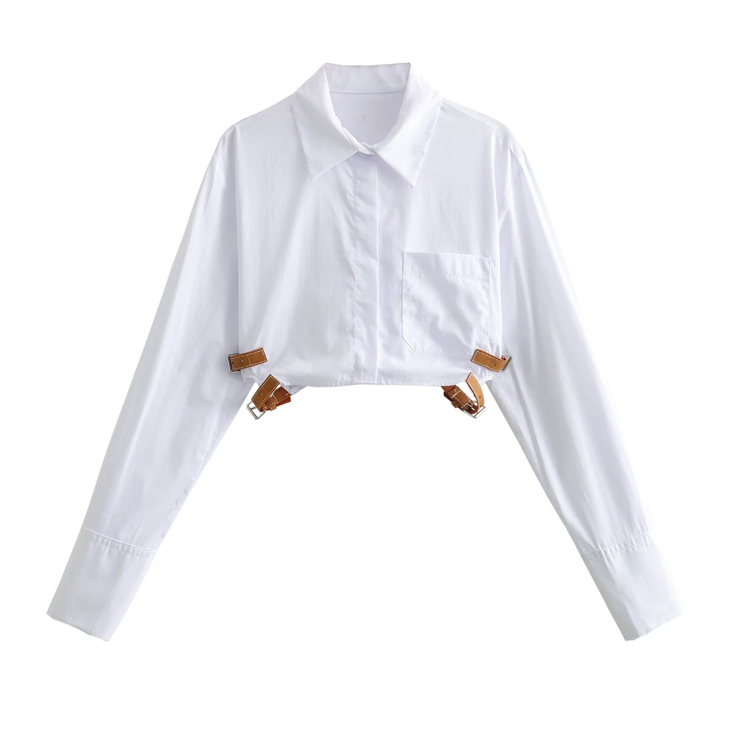 Nova Long Sleeve Pocket Belt White Short Blouse Simple High Street Tops