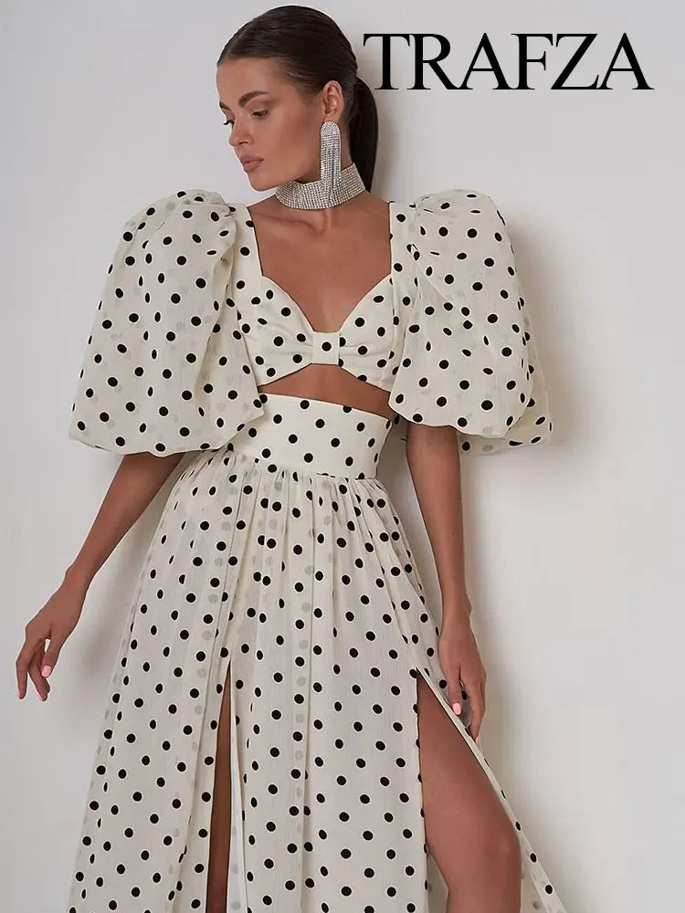 Nova Spring Polka Dots Printed Cropped Short Sleeves Square Neck Top Slit High Waist Chic Skirt