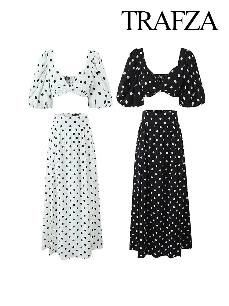 Nova Spring Polka Dots Printed Cropped Short Sleeves Square Neck Top Slit High Waist Chic Skirt