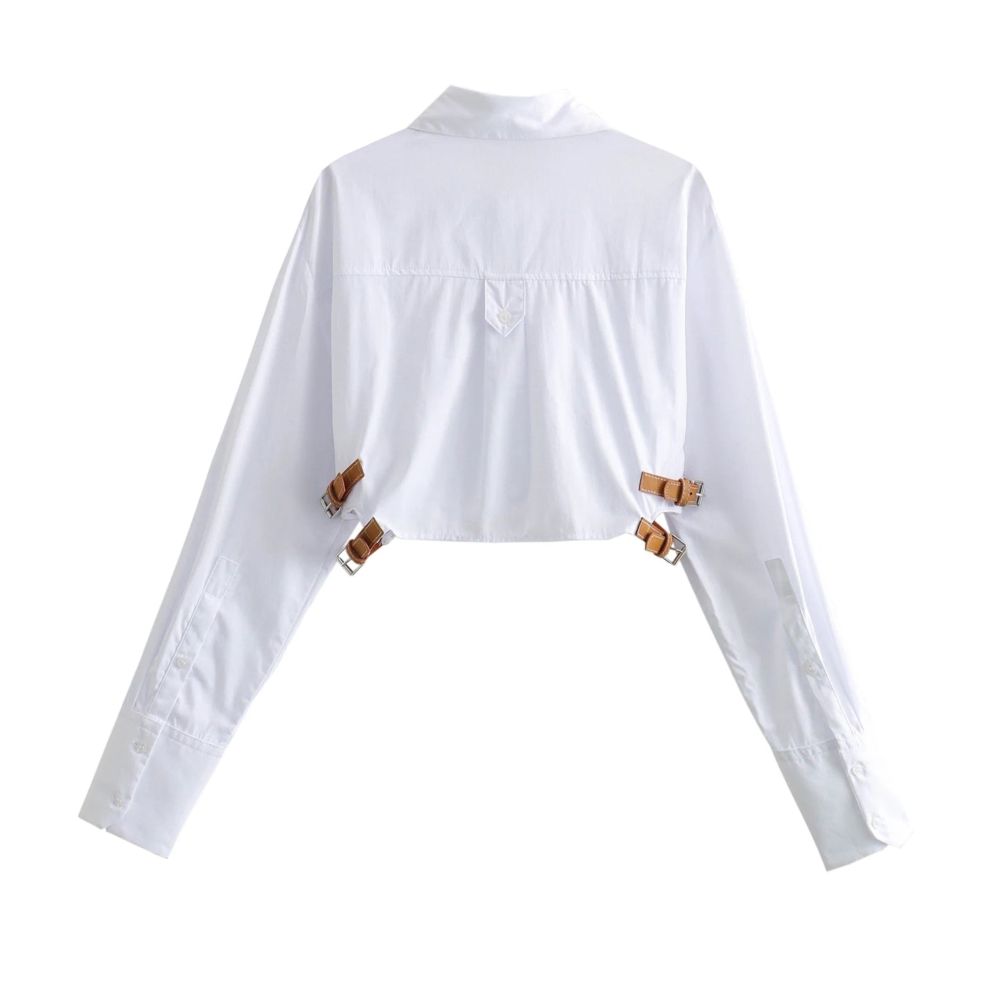 Nova Long Sleeve Pocket Belt White Short Blouse Simple High Street Tops