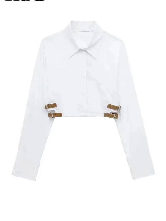 Nova Long Sleeve Pocket Belt White Short Blouse Simple High Street Tops